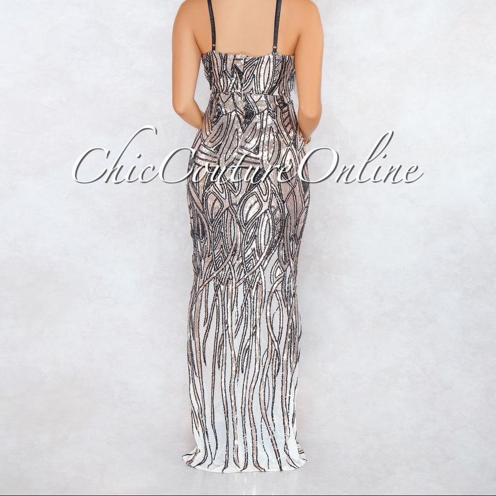 Long Rose Gold and Black Mesh Formal Dress (Slit)